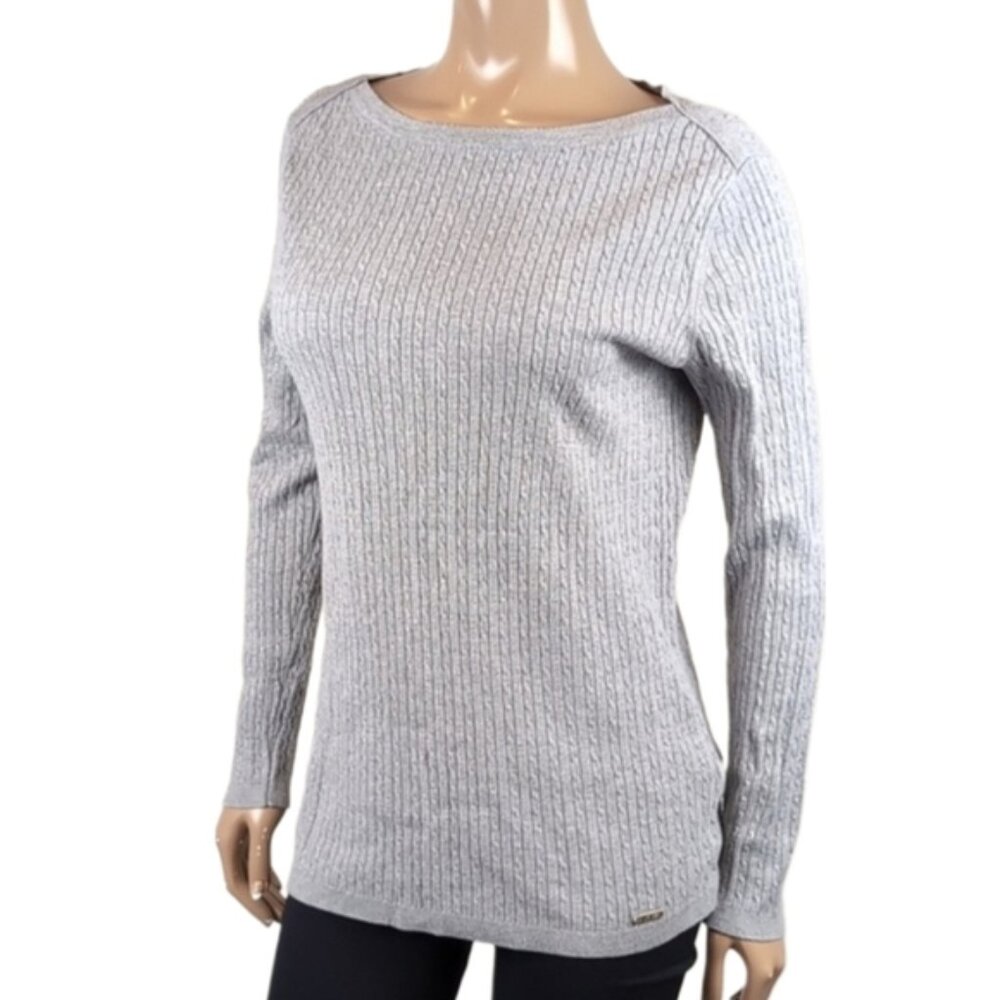 Tommy Hilfiger Long Sleeve Cable Knit Sweater Grey Pullover Boat Neck Size Large